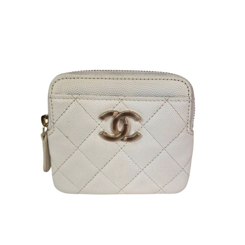 Chanel Caviar Quilted CC Zip Card Holder White Wallet